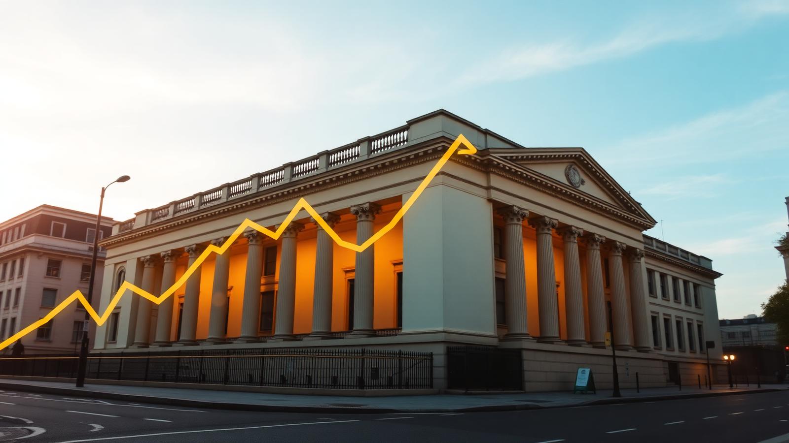 The Bank of England building at golden hour with a stylised rate line overlaid
