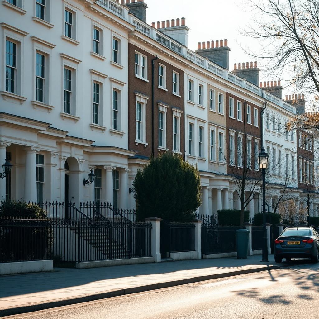 A row of British townhouses on a bright morning, symbolising the UK housing market