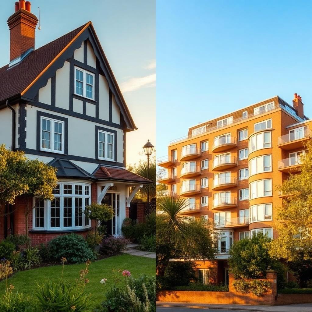 Split image of a freehold house and a leasehold apartment building